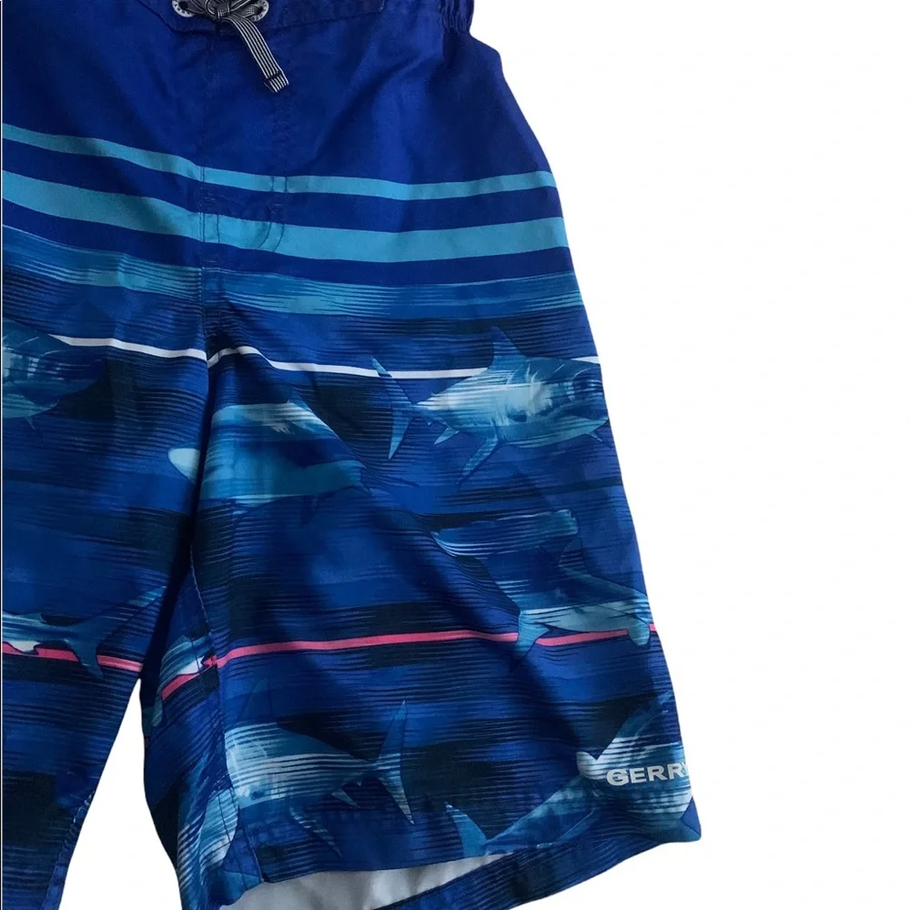 Gerry Gear | Youth Boys Swim Trunks Medium Blue Ocean Shark Hot Pink Stripe